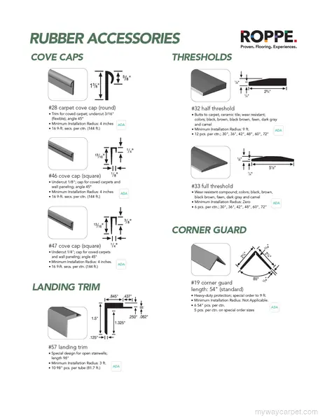 Roppe cove caps, thresholds, corner guard, landing trim stair accessories & coordinating components profile