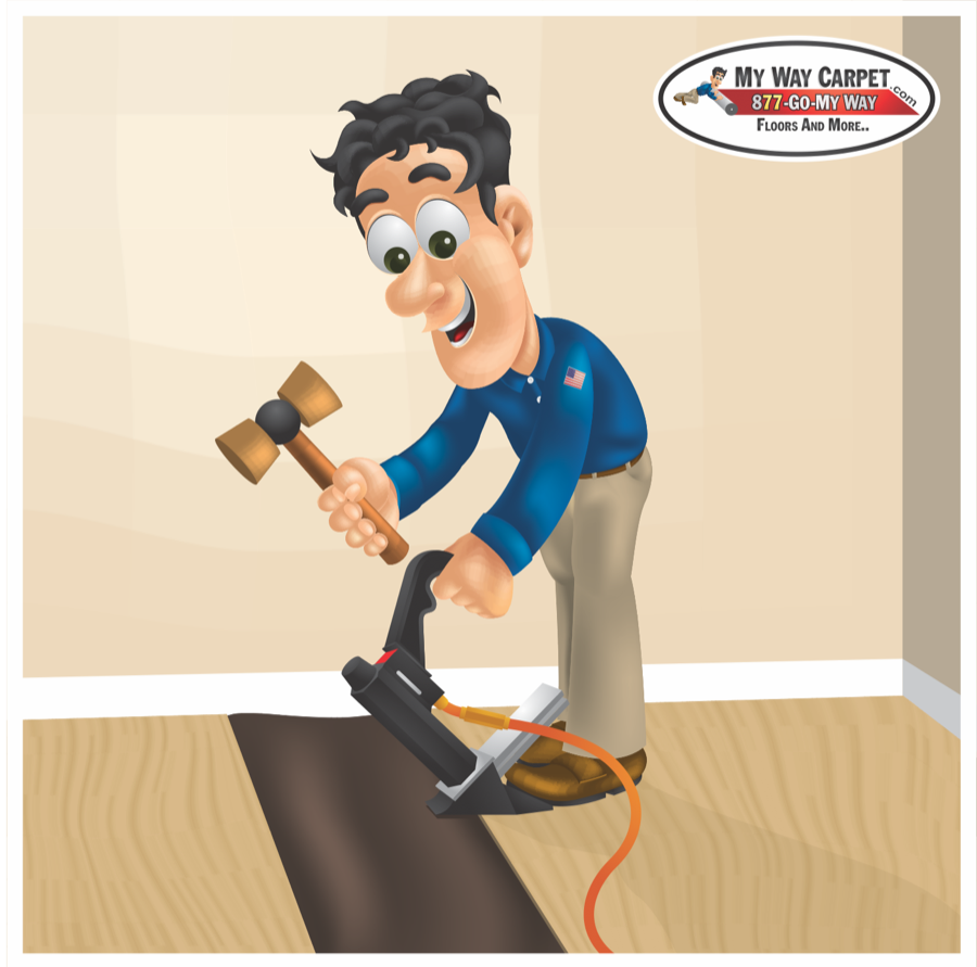 Sam installing hardwood &mdash; nailer in hand, plank after plank.