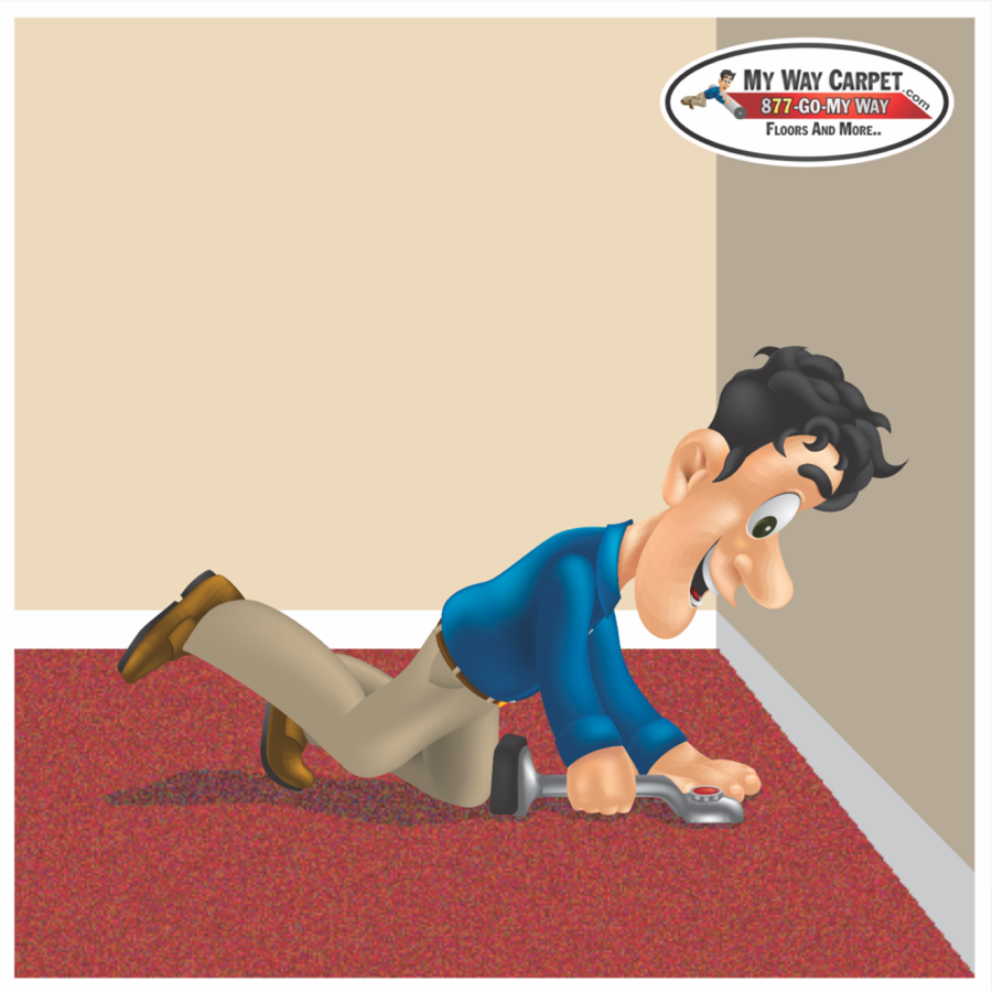 Sam with a knee-kicker &mdash; power-stretching carpet tight to the wall.