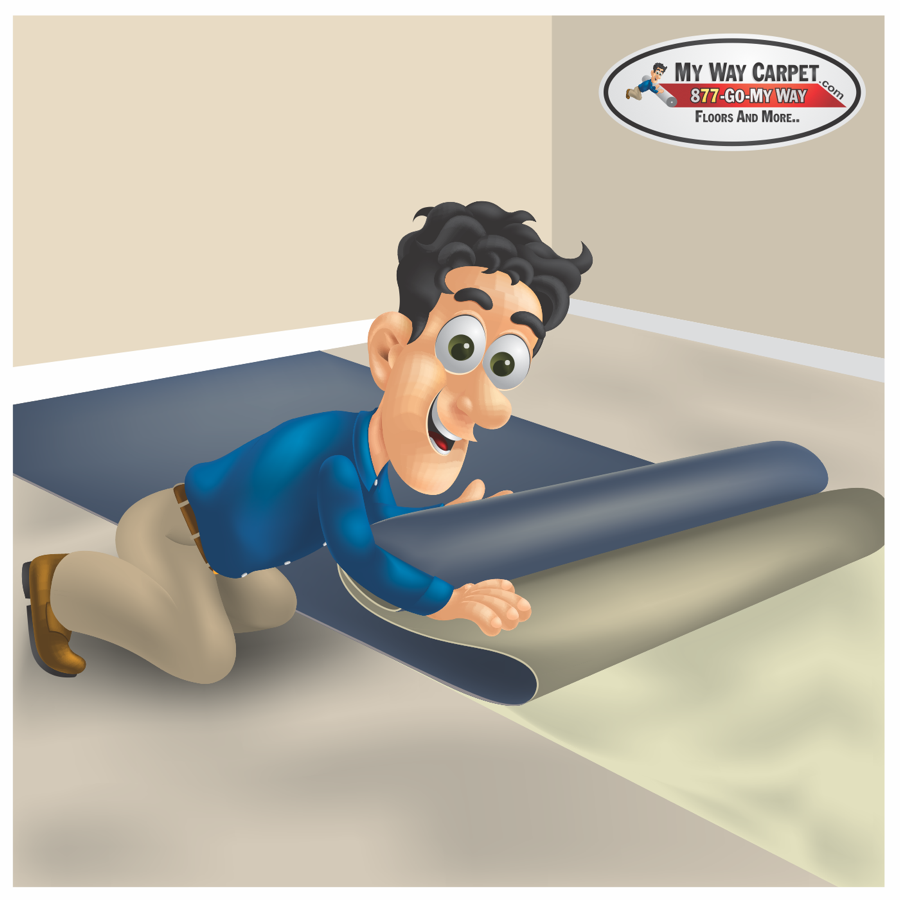 Sam rolling out a fresh sheet-vinyl cut.