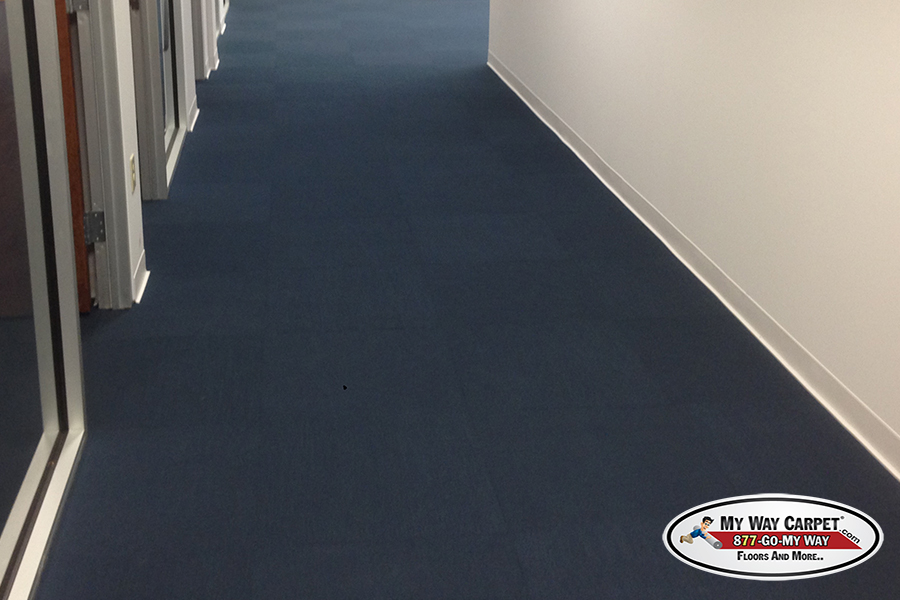Shaw blue carpet tile &mdash; commercial hallway